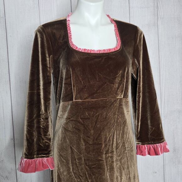 J. Peterman Brown Velvet Babydoll Dress Pink Ruffle Trim, sz 8 - Picture 2 of 5